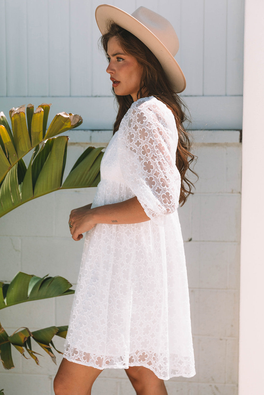 White Floral Lace Puff Sleeve Mini Dress