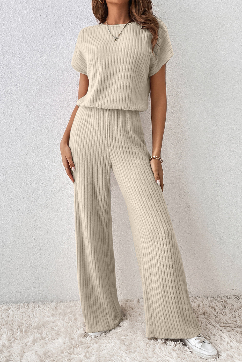 Ribbed Keyhole Short Sleeve Jumpsuit