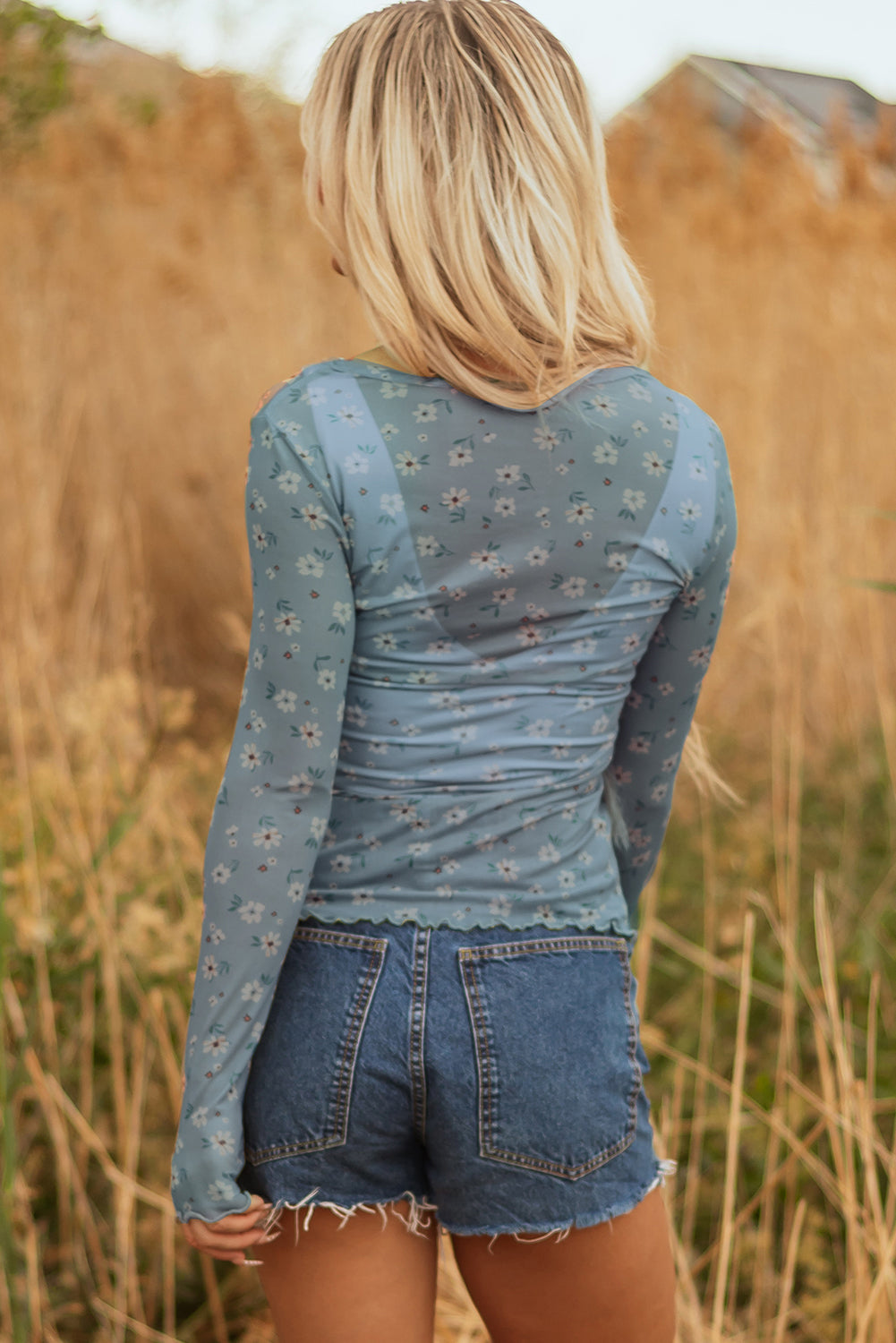 Vintage Floral Print Mesh Long Sleeve Top