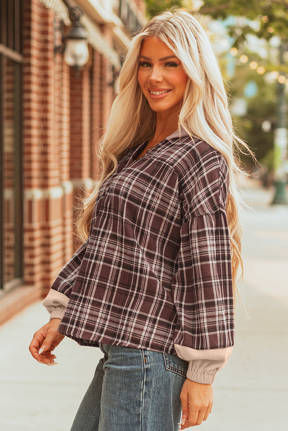 Brown Plaid Long Sleeve Hooded Sweater