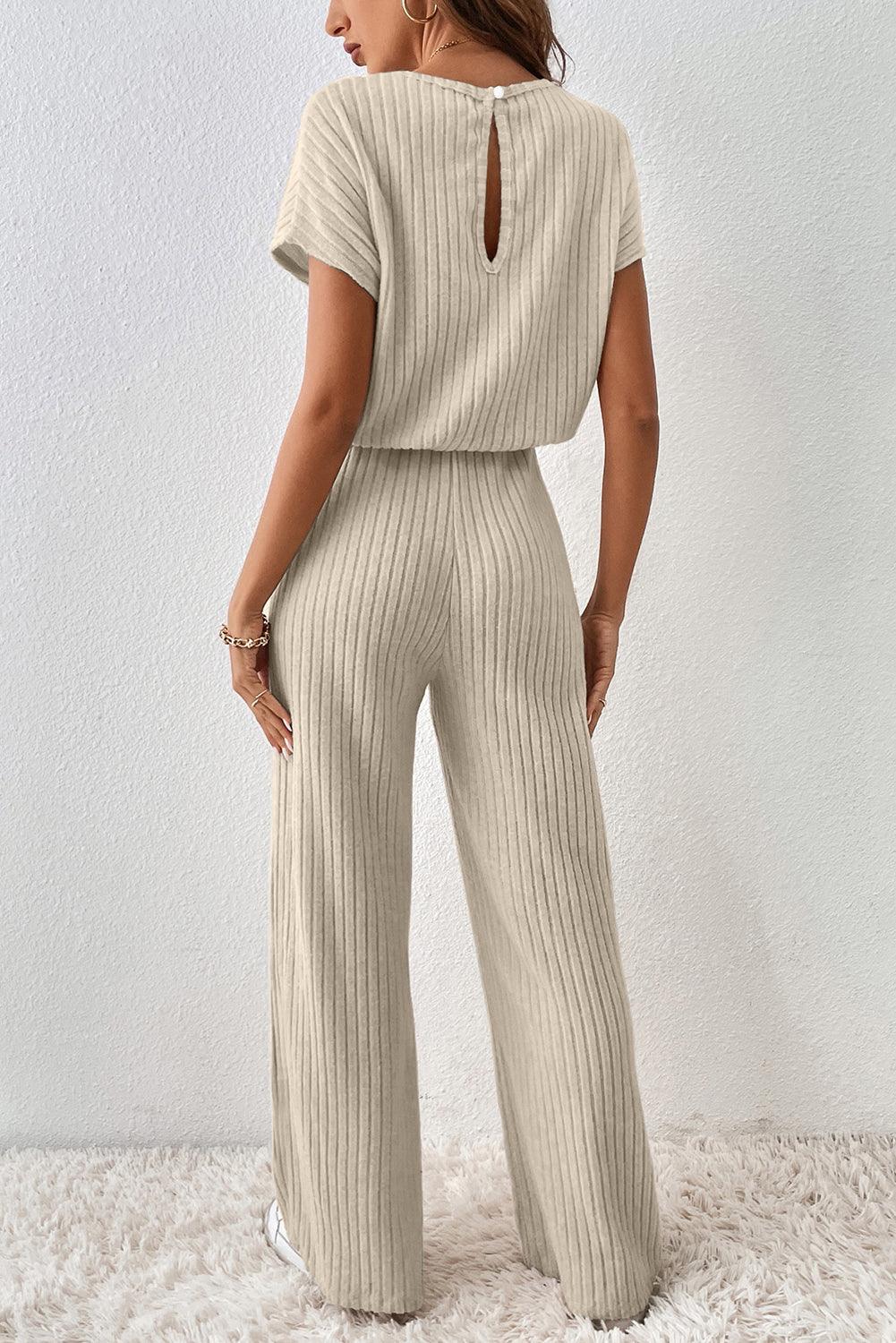 Ribbed Keyhole Short Sleeve Jumpsuit