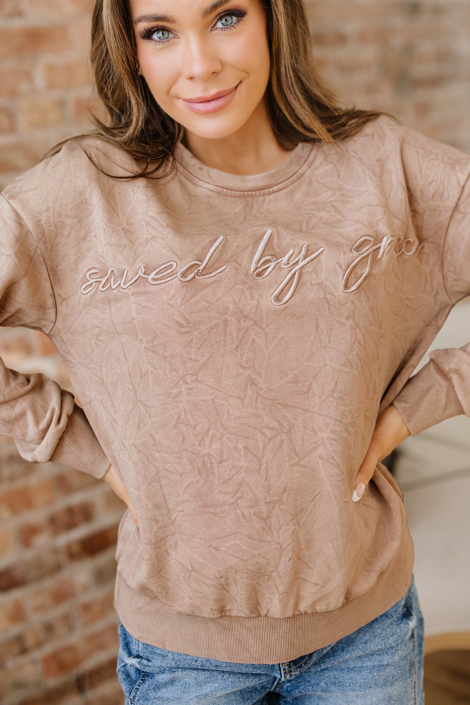 DUNE saved by grace Letter Embroidery Mineral Wash Loose Sweatshirt