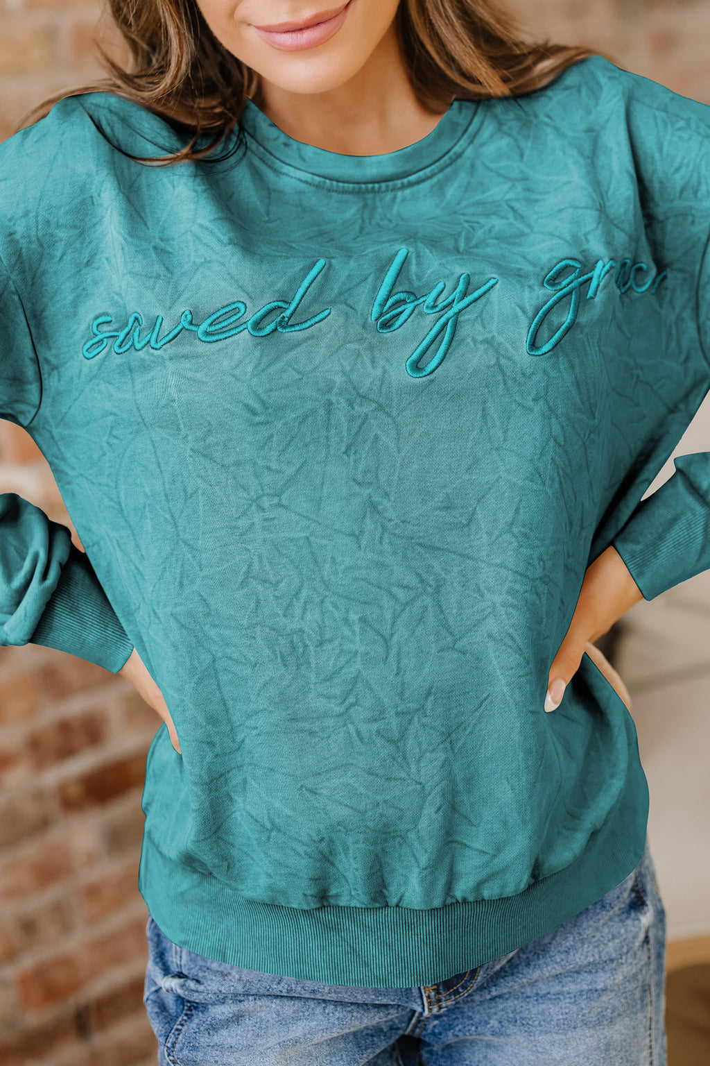 Saved By Grace Embroidered Mineral Wash Sweatshirt