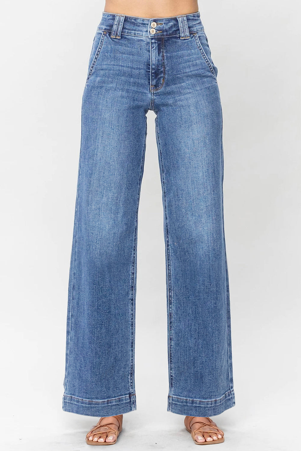 Double Button Zip Fly Straight Leg Jeans