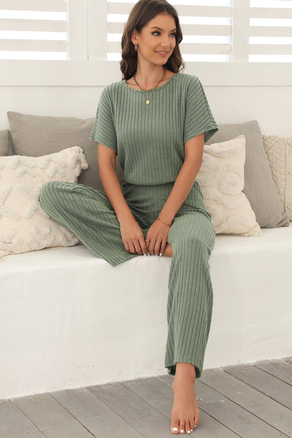 Ribbed Keyhole Short Sleeve Jumpsuit