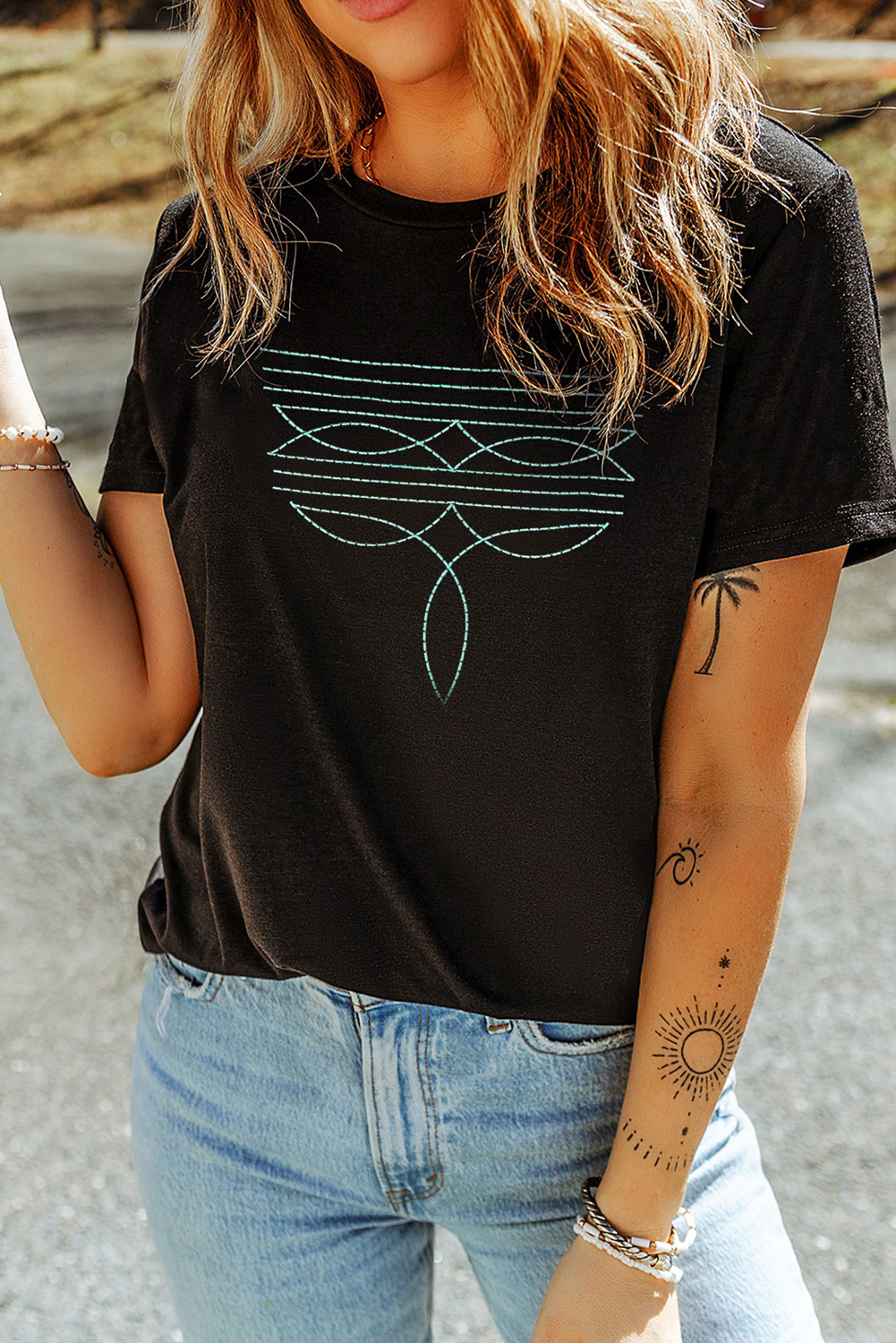Black Western Fashion Embroidered T Shirt