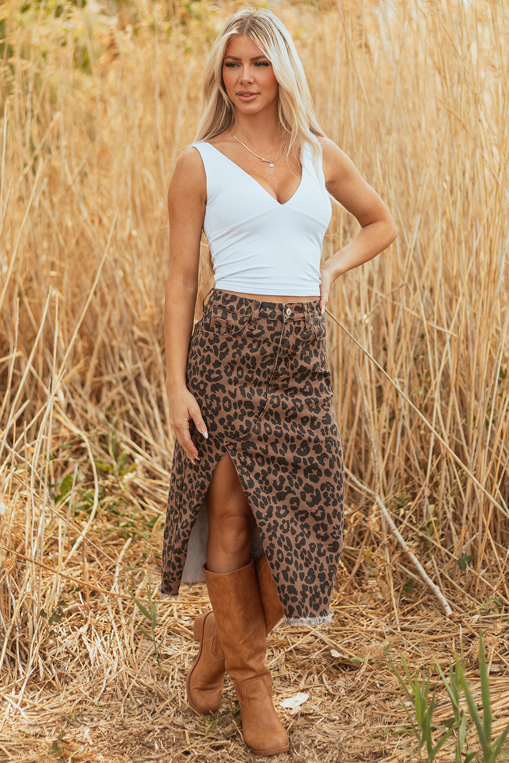 Leopard Denim Frayed Split Denim Midi Skirt
