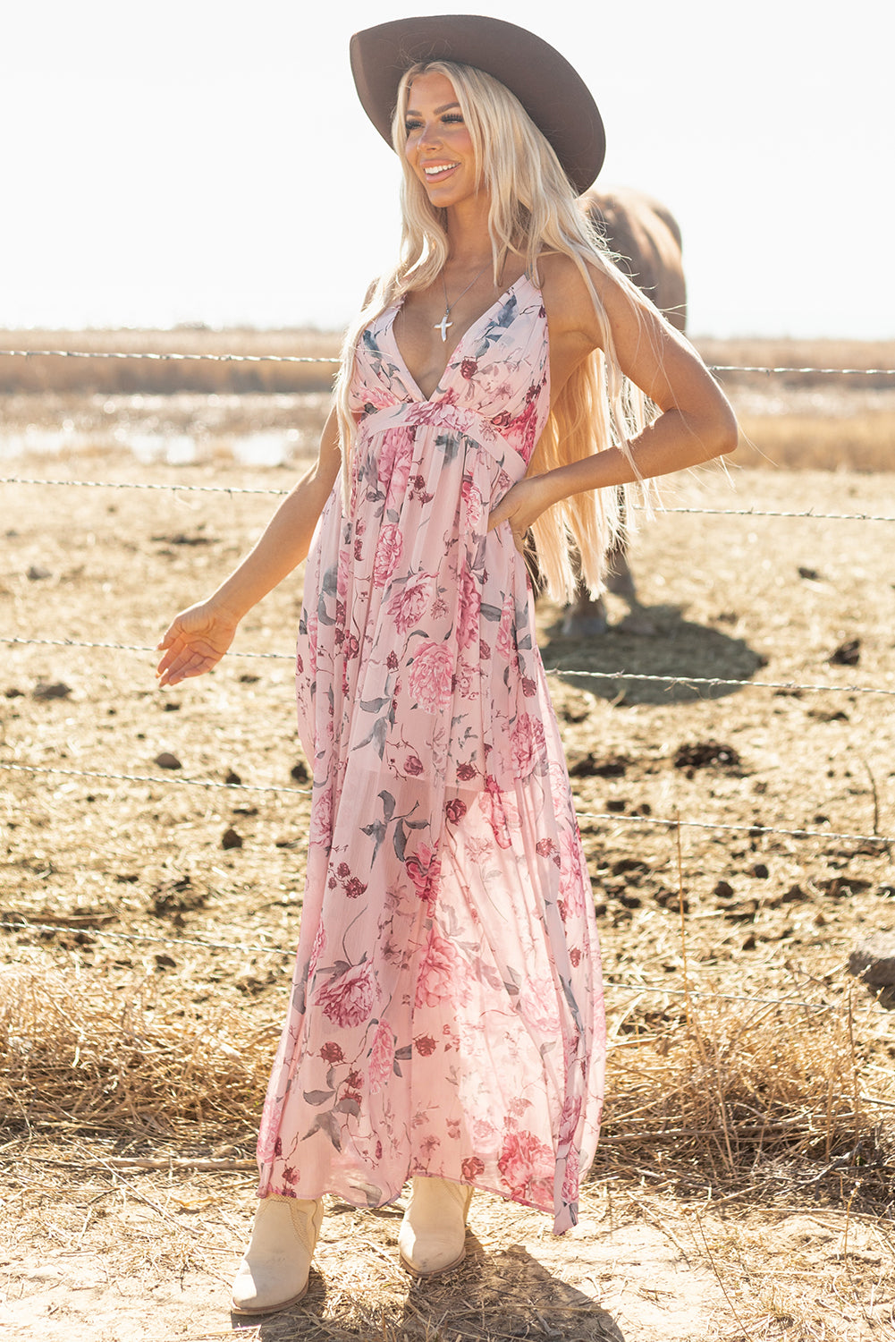 Pink Floral Backless Maxi Dress