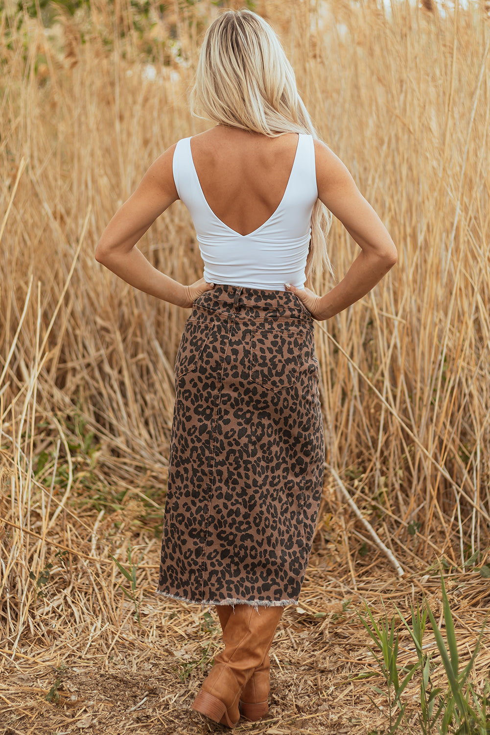 Leopard Denim Frayed Split Denim Midi Skirt