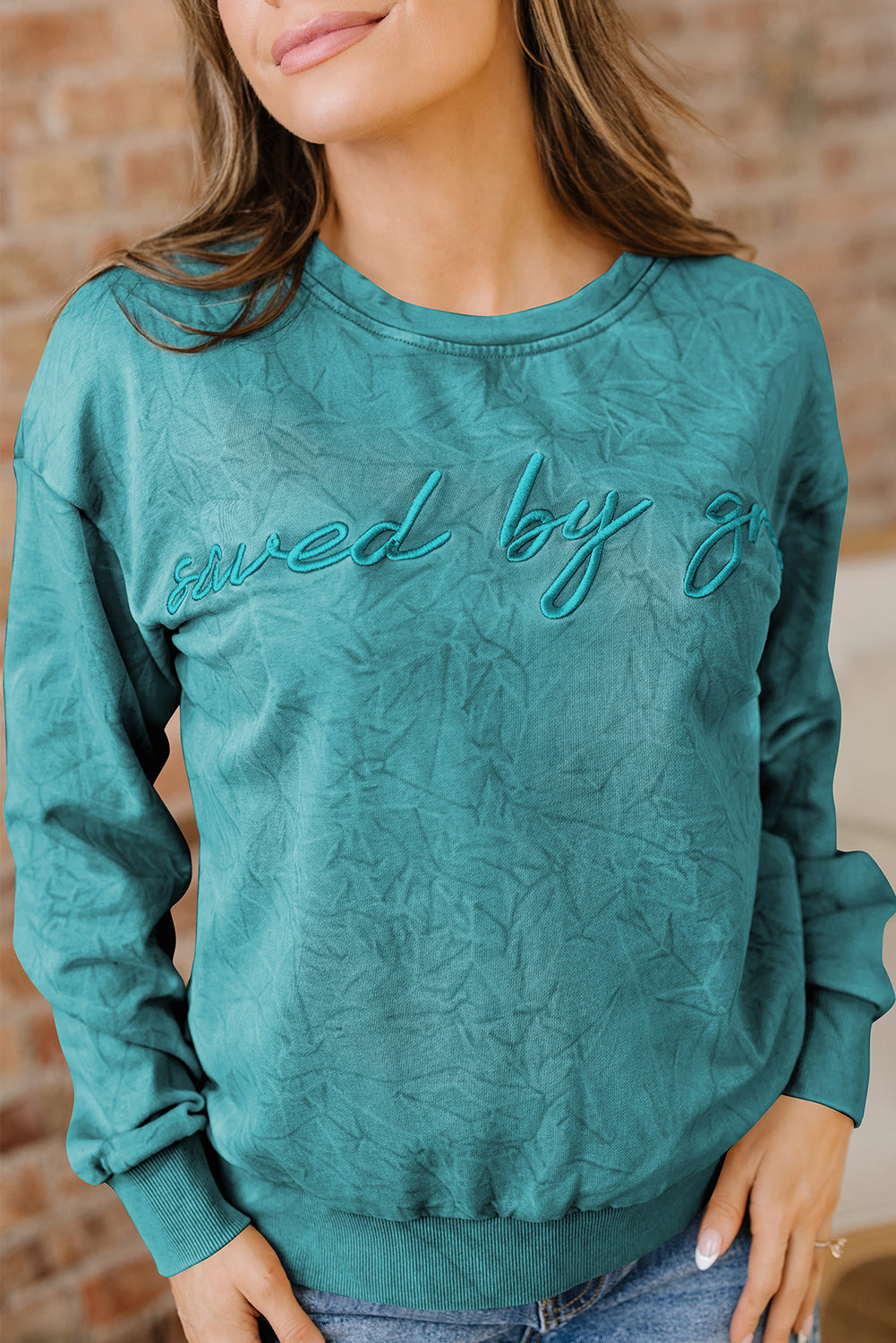 Saved By Grace Embroidered Mineral Wash Sweatshirt