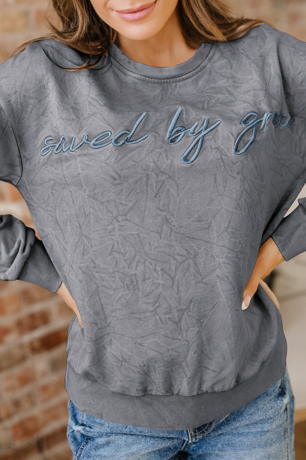 Saved By Grace Embroidered Mineral Wash Sweatshirt