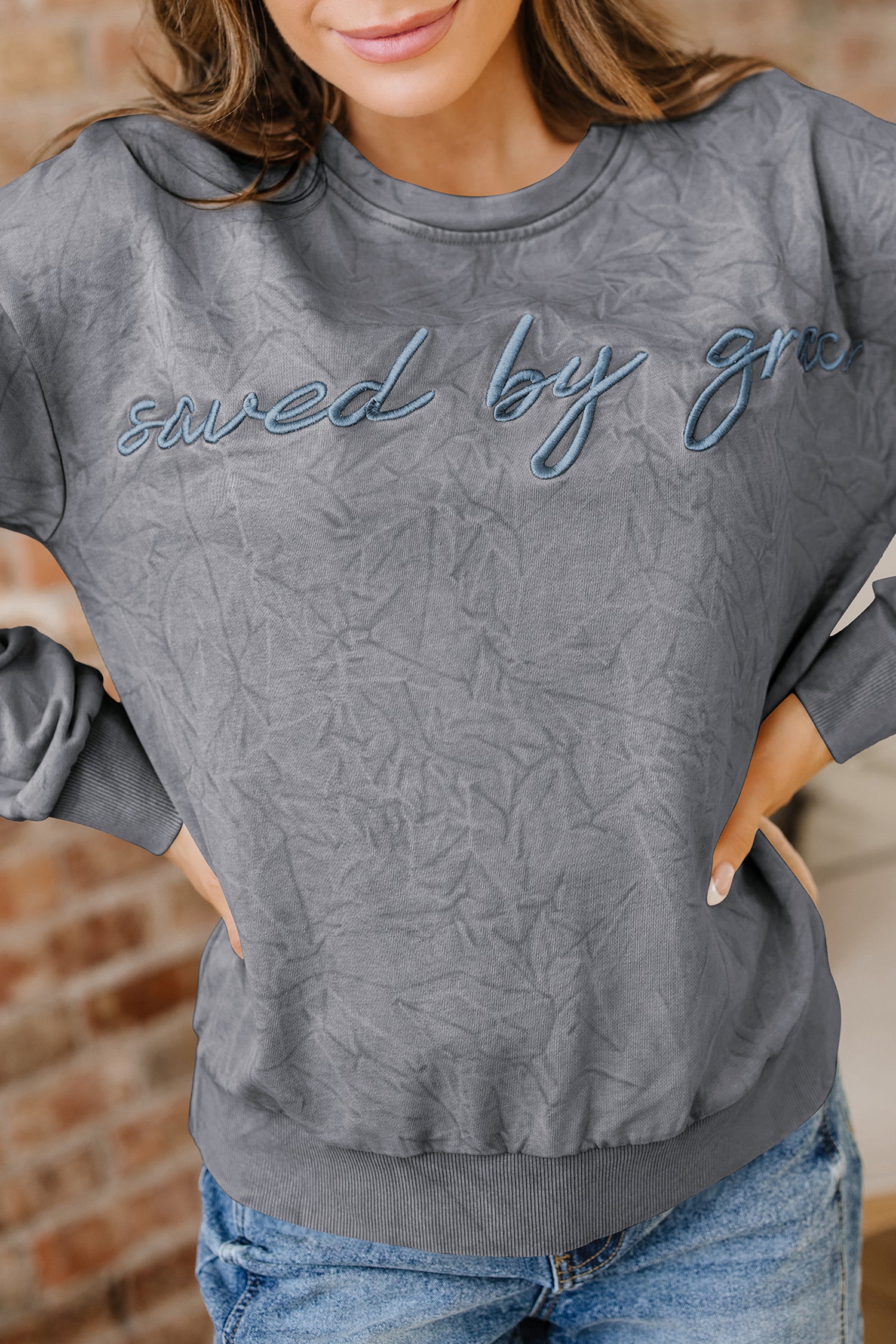 Saved By Grace Embroidered Mineral Wash Sweatshirt