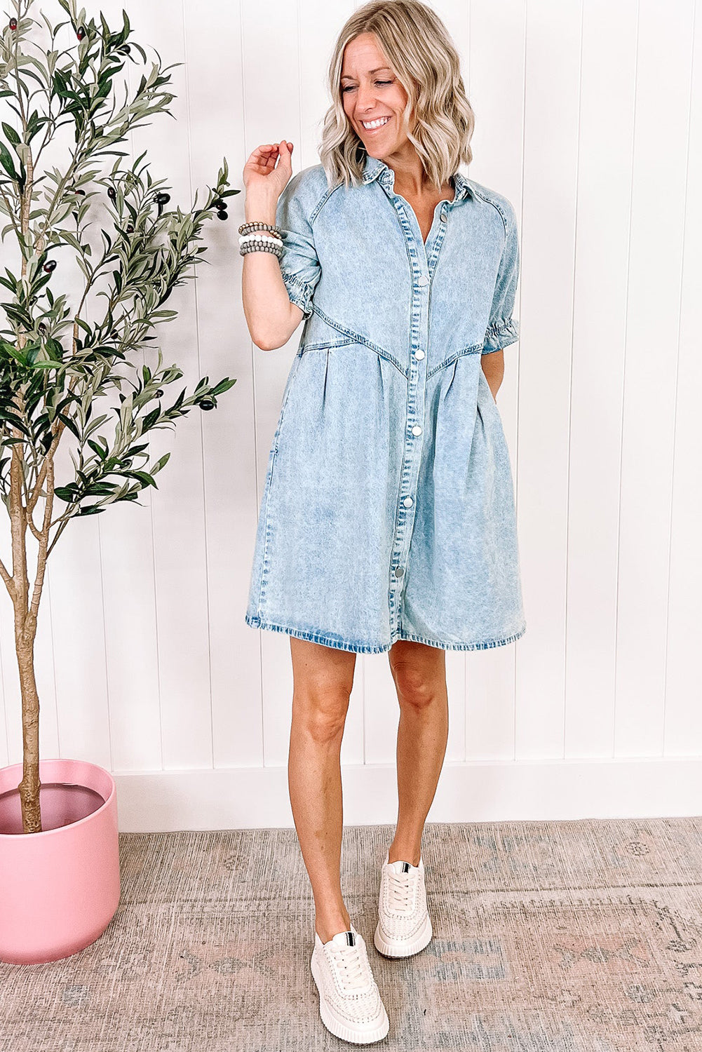 Mineral Wash Ruffled Short Sleeve Denim Dress