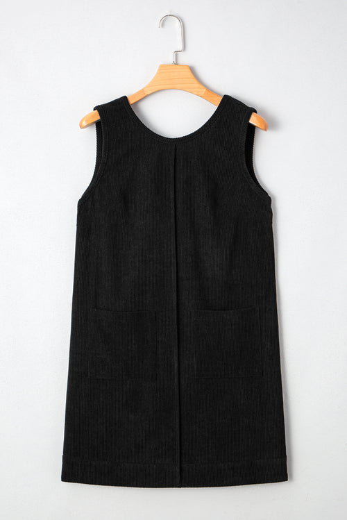 Black Plus Size Corduroy Patch Pocket Sleeveless Mini Dress