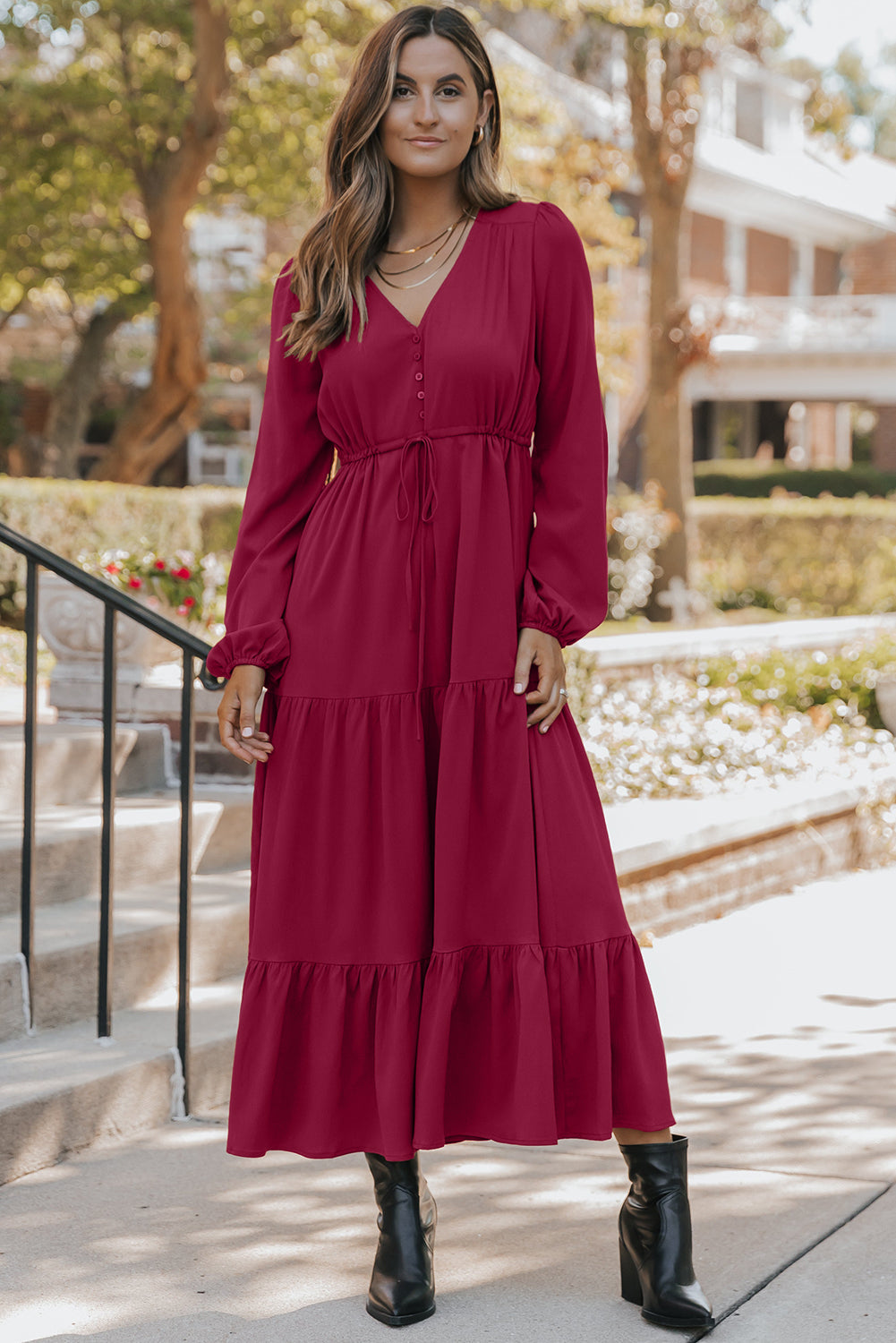 Burgundy Long Sleeve Tiered Maxi Dress