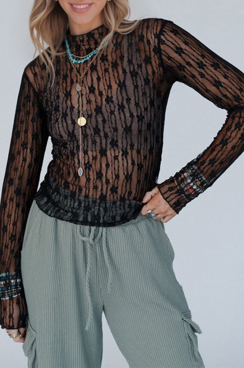 Sheer Floral Lace Long Sleeve Top