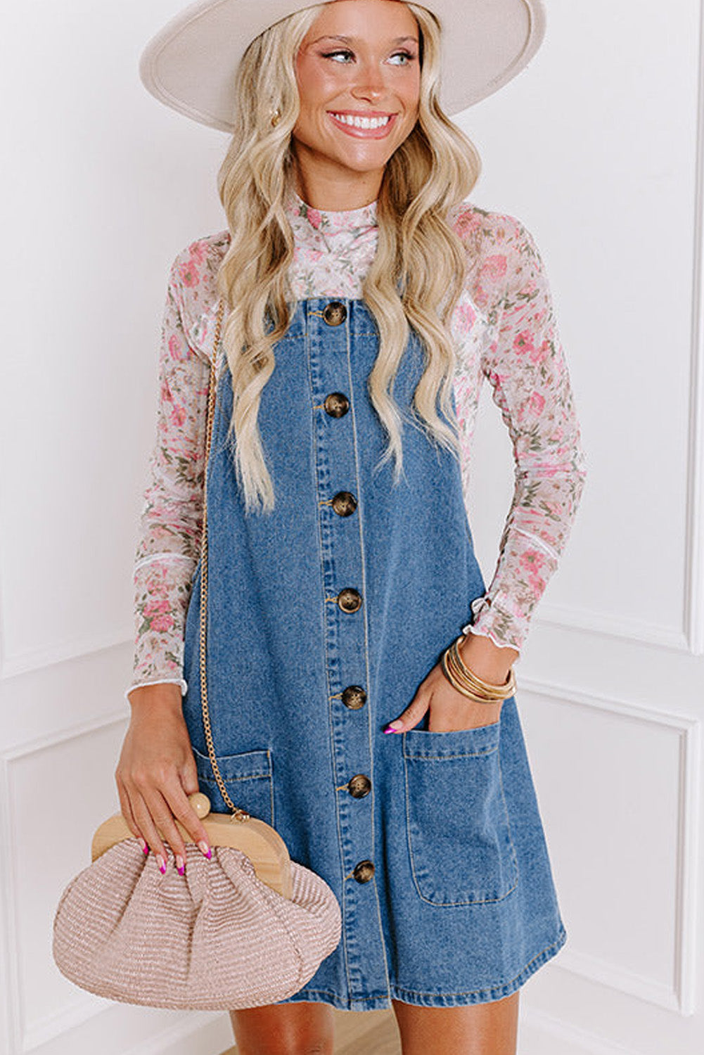 Front Pocketed Denim Mini Dress