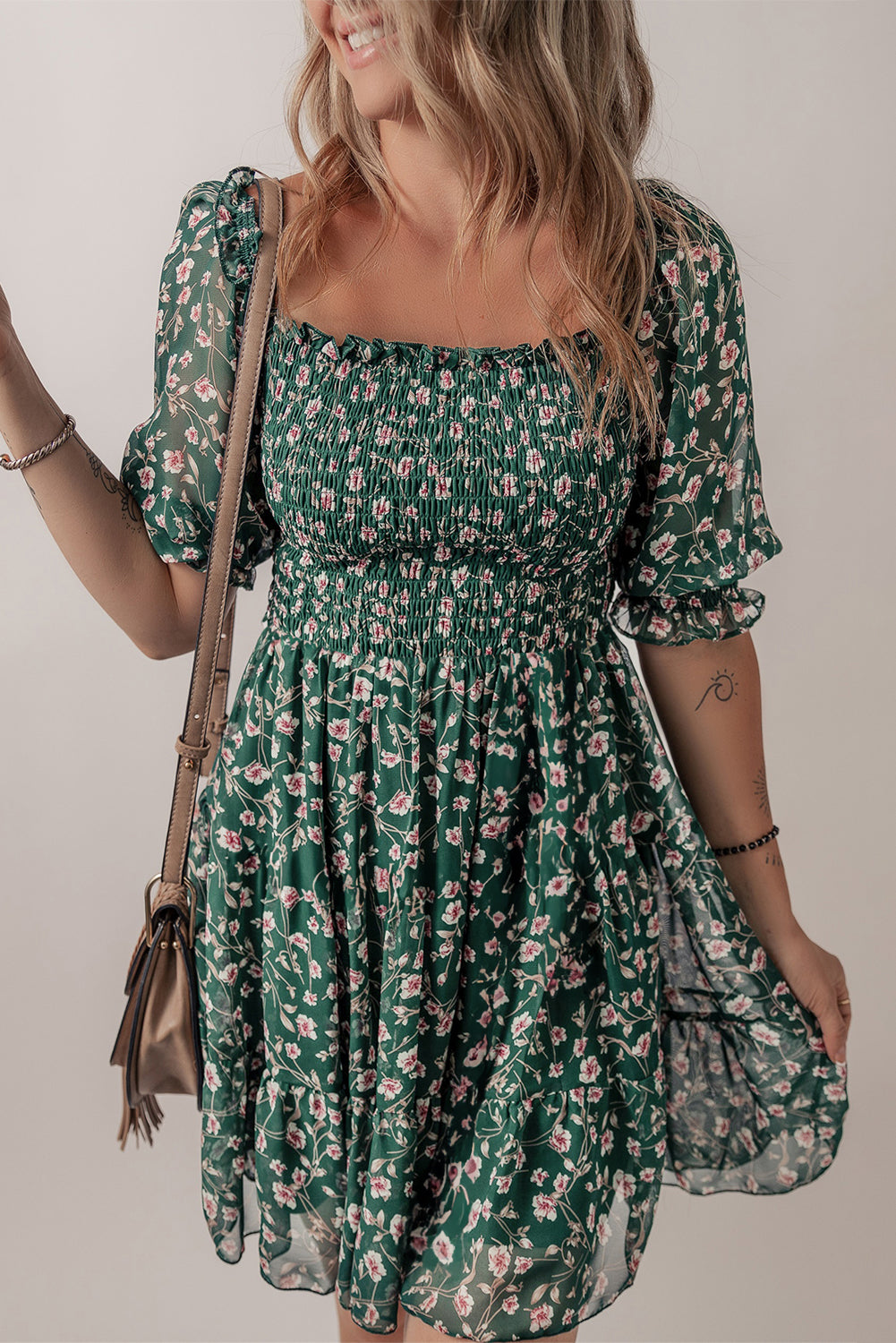 Green Short Sleeve Floral Dress