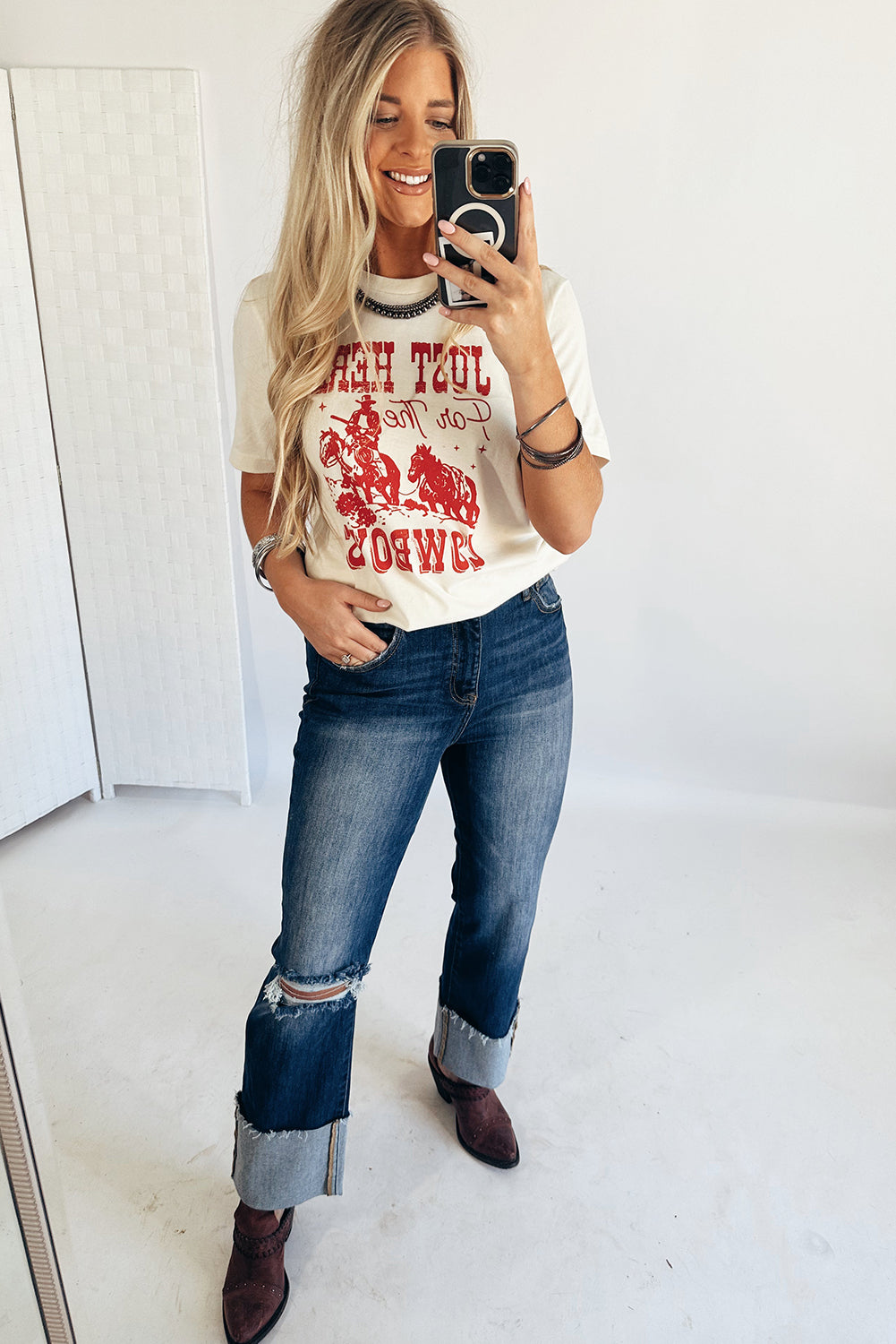White JUST HERE For THE COWBOY Crew Neck T Shirt