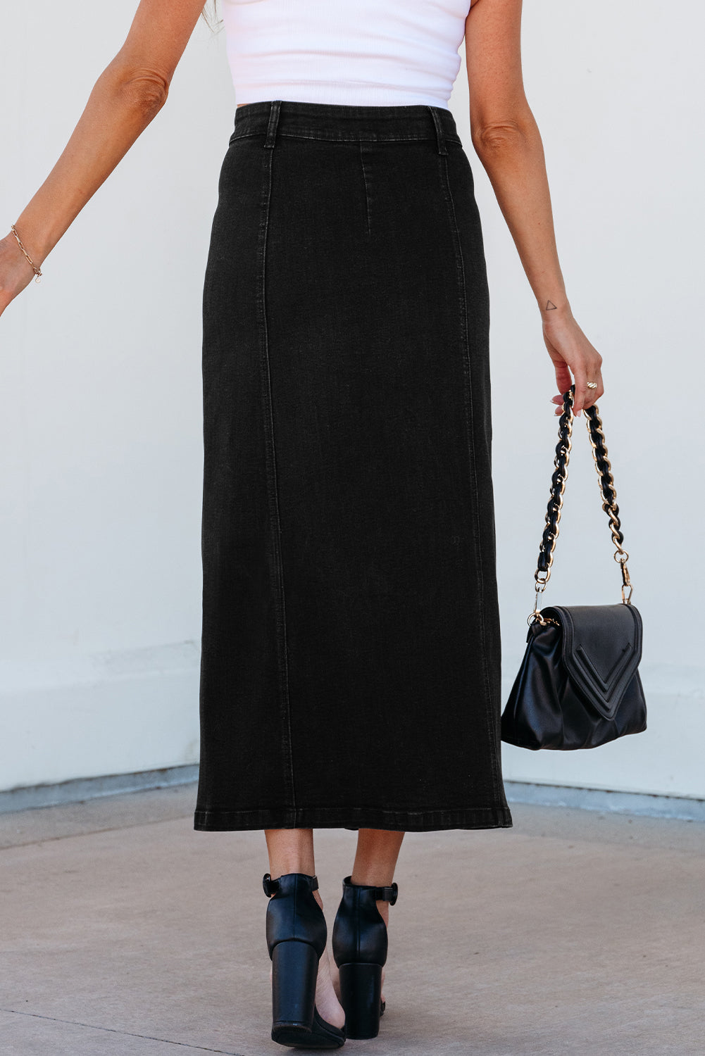 Buttoned High Waist Denim Midi Skirt