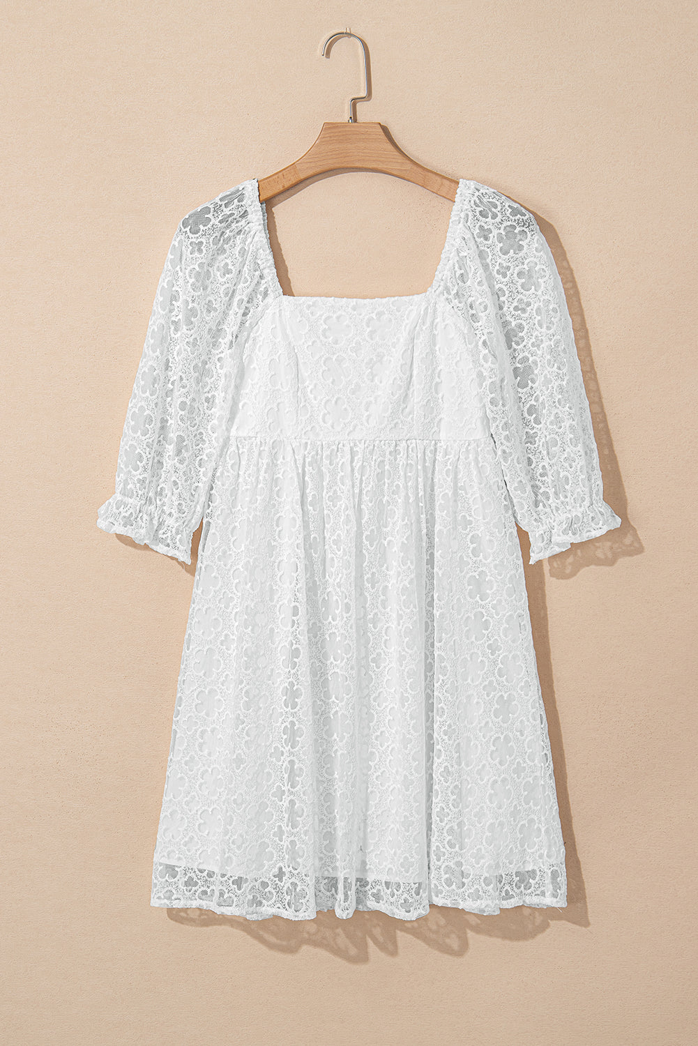 White Floral Lace Puff Sleeve Mini Dress