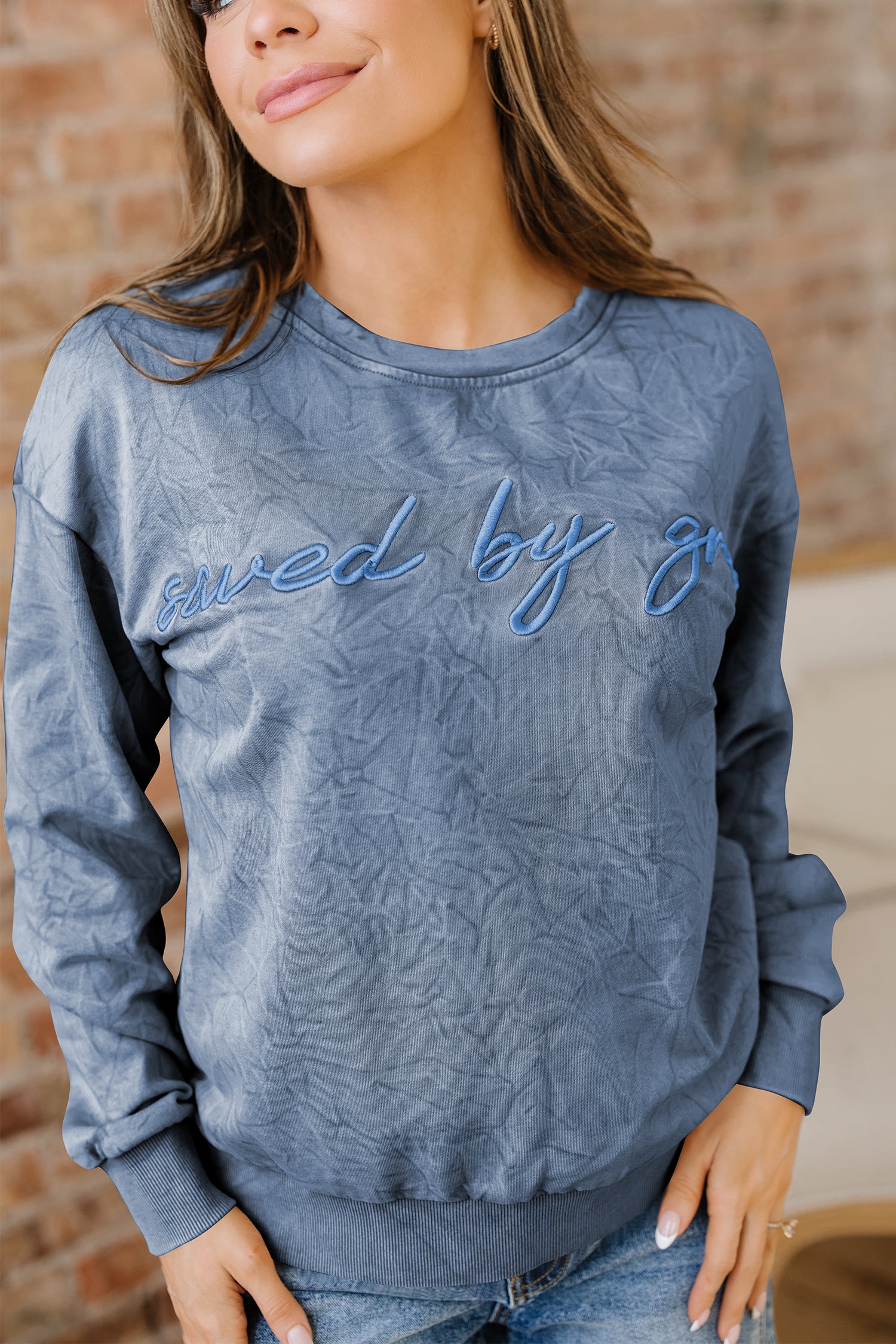 Saved By Grace Embroidered Mineral Wash Sweatshirt