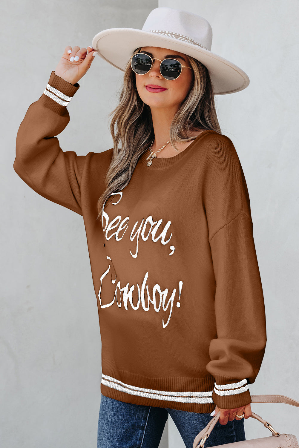See You Cowboy Embroidered Western Graphic Sweater