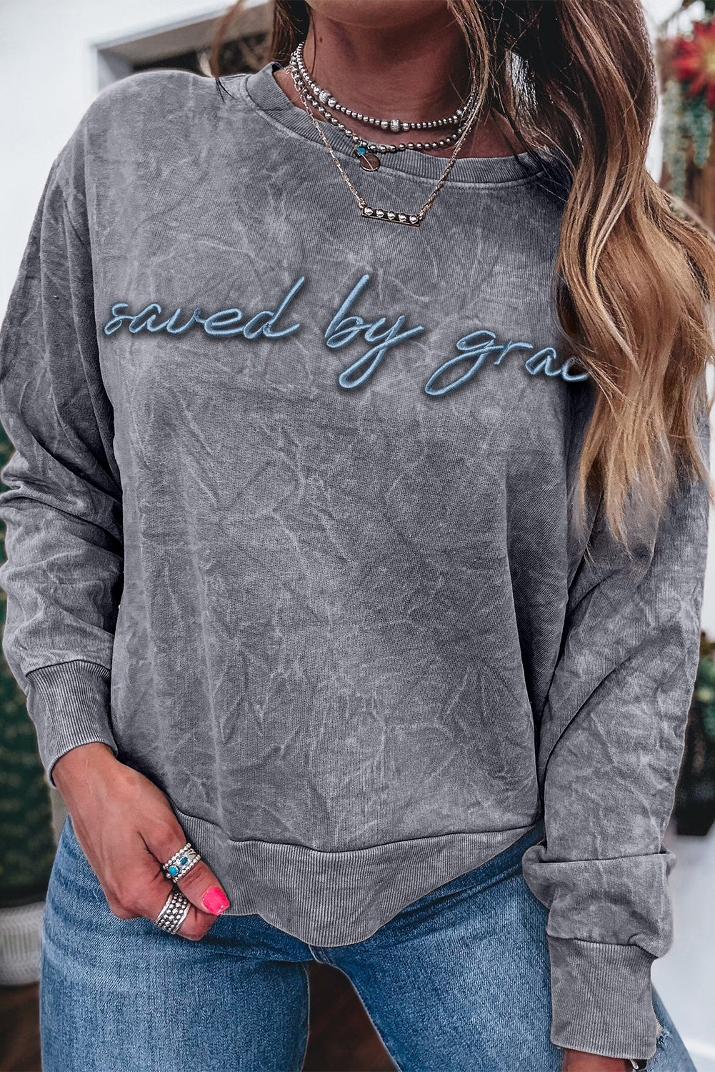 Saved By Grace Embroidered Mineral Wash Sweatshirt