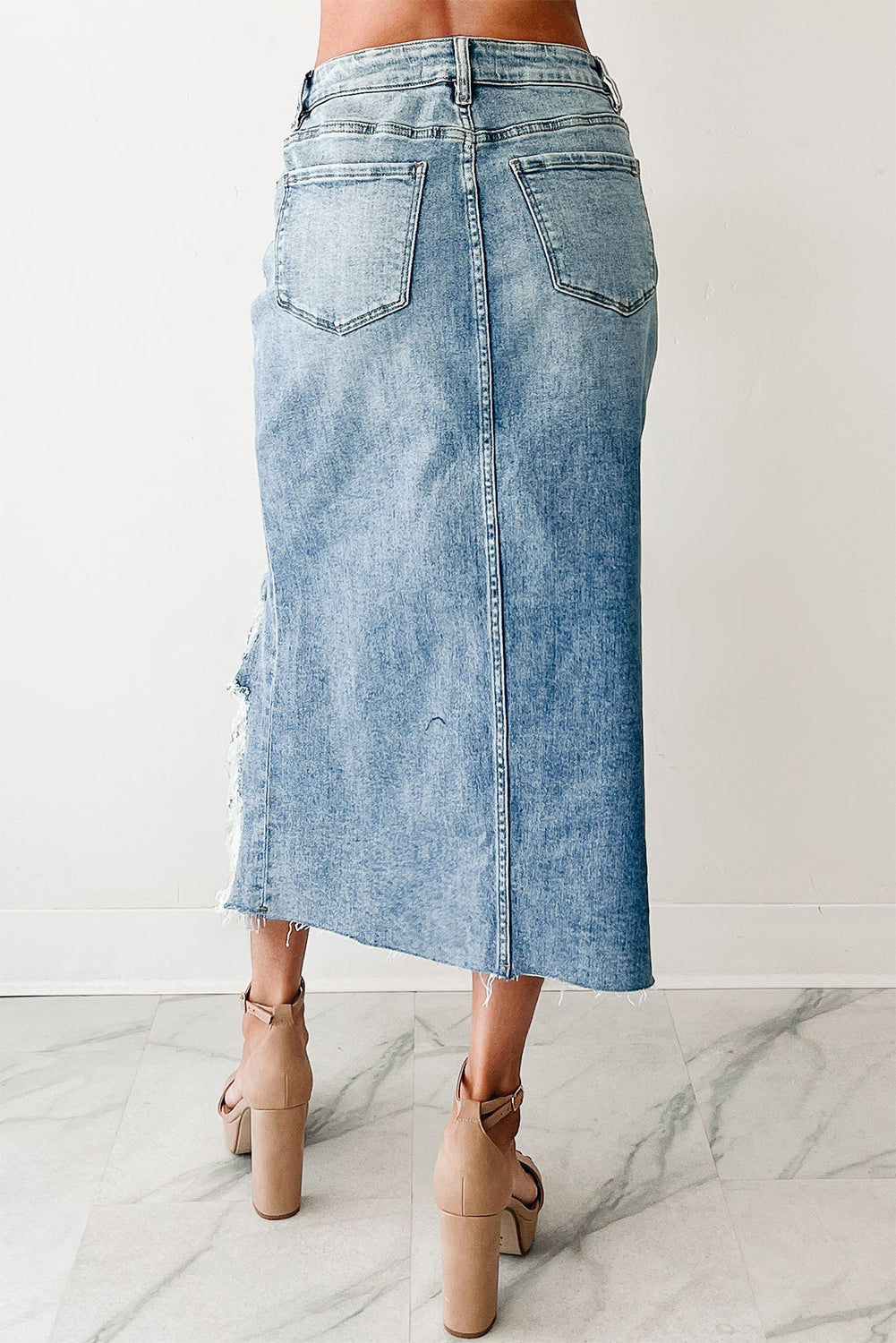 Distressed Bottom Denim Midi Skirt