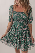 Green Short Sleeve Floral Dress