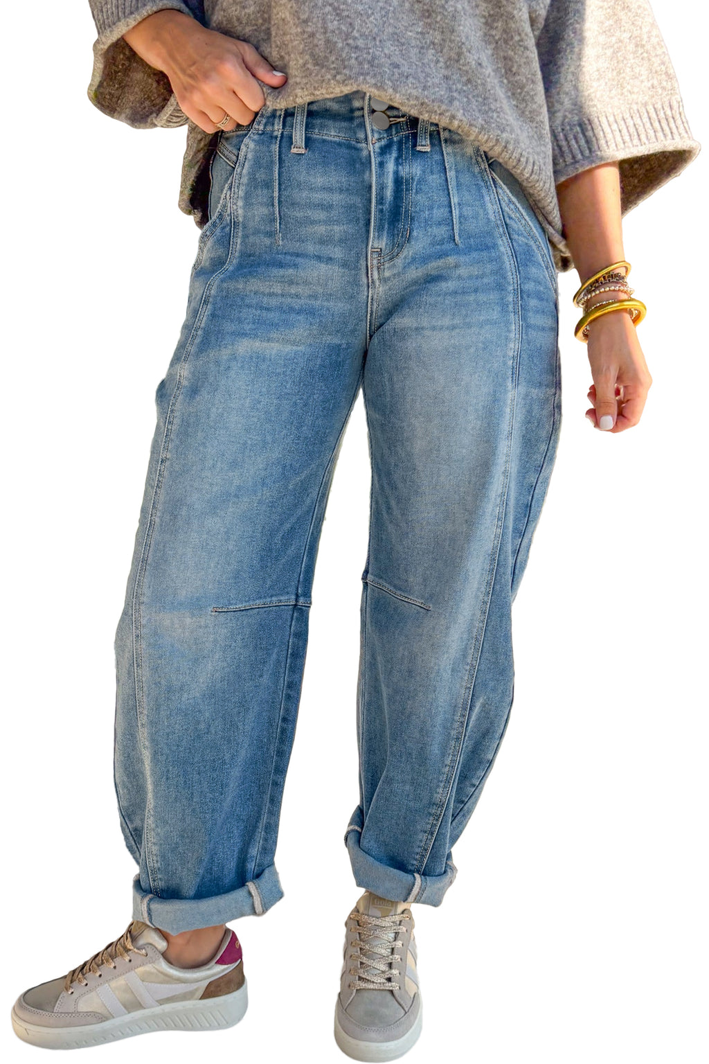 Medium Wash Cuffed Barrel Jeans