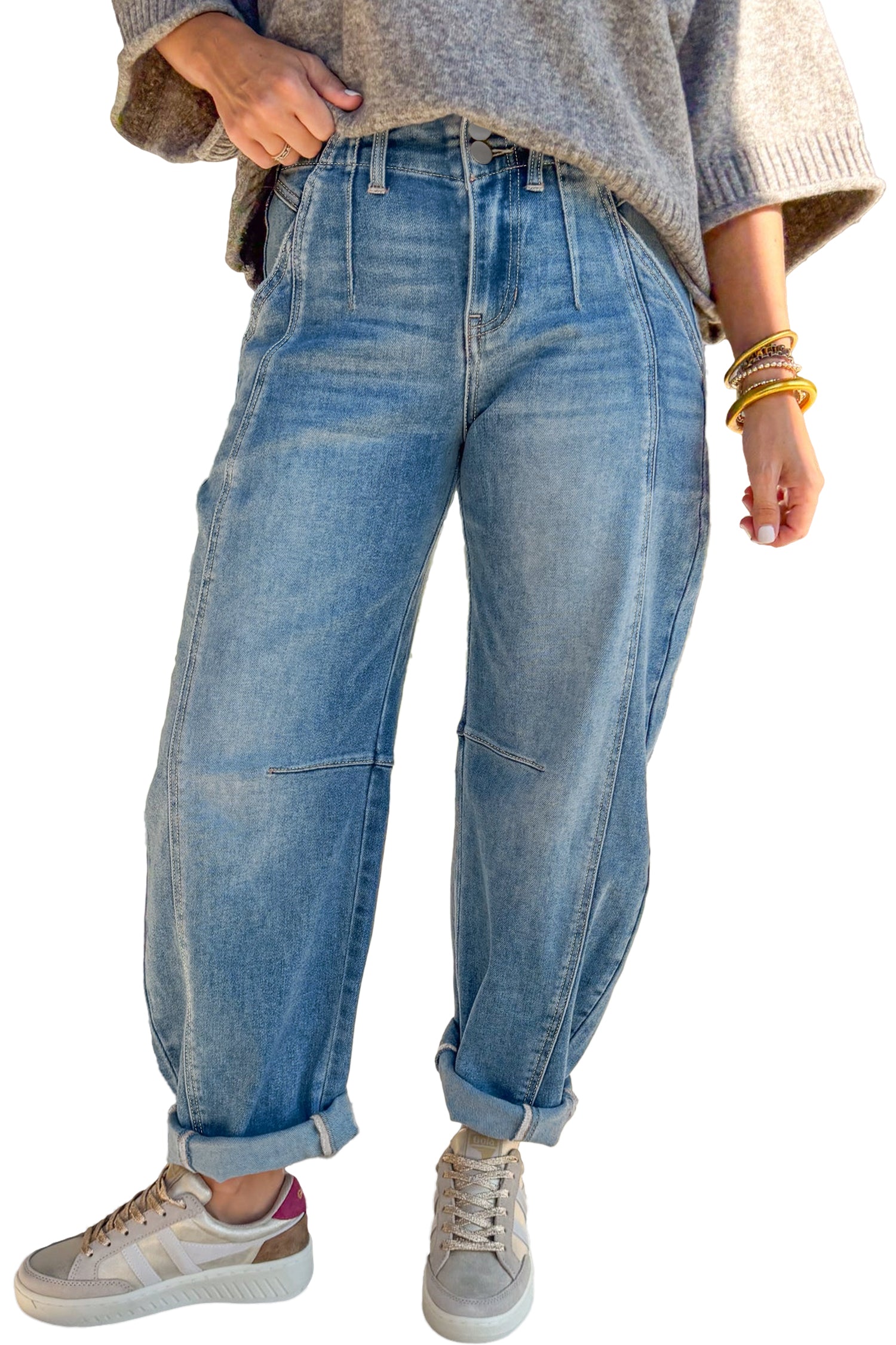 Medium Wash Cuffed Barrel Jeans