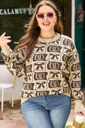 Brown Bow Horseshoe Print Plus Size Sweater