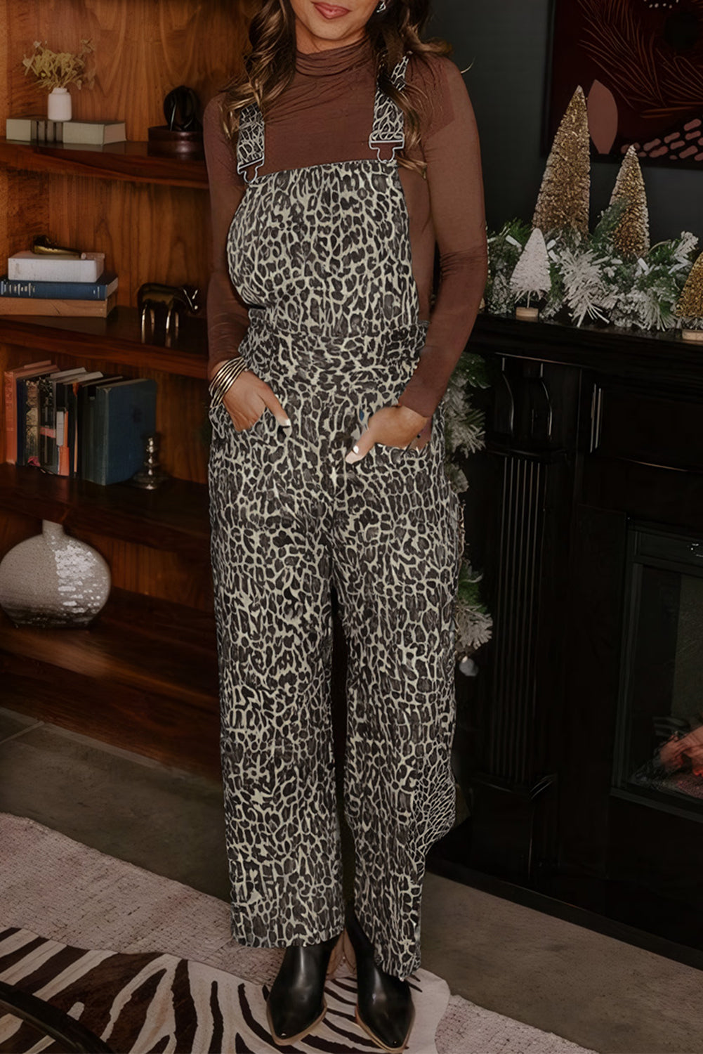 Brown Leopard Print Straight Leg Loose Denim Overall Jumpsuit