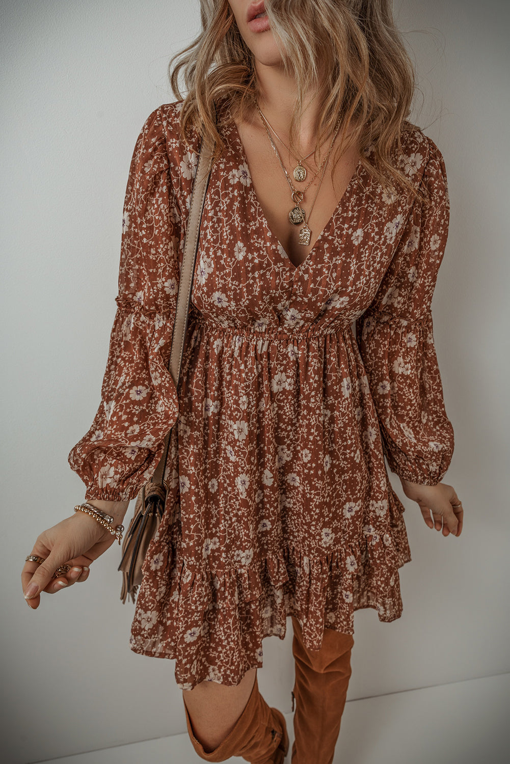 Boho Floral Ruffled V Neck Mini Dress