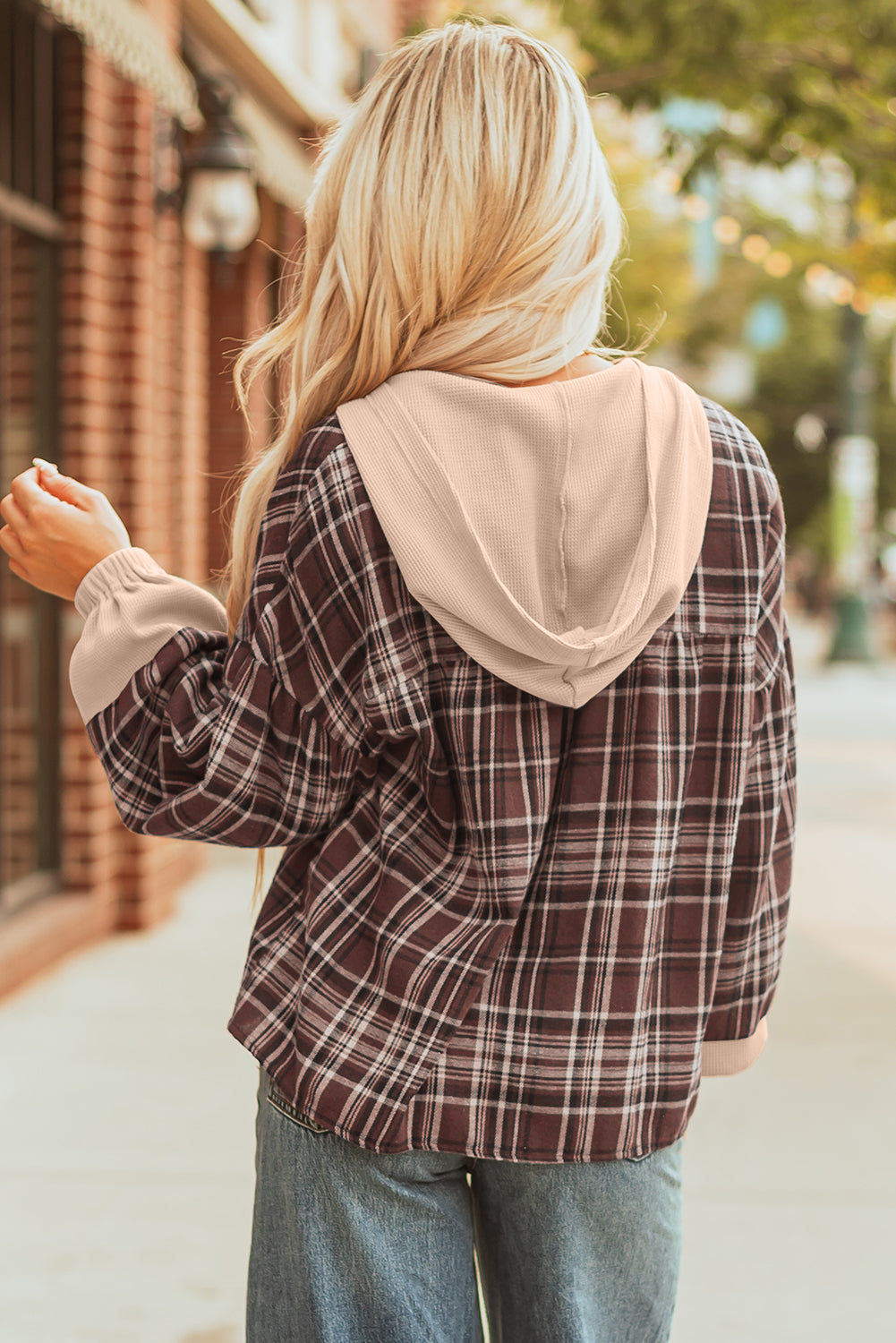 Brown Plaid Long Sleeve Hooded Sweater