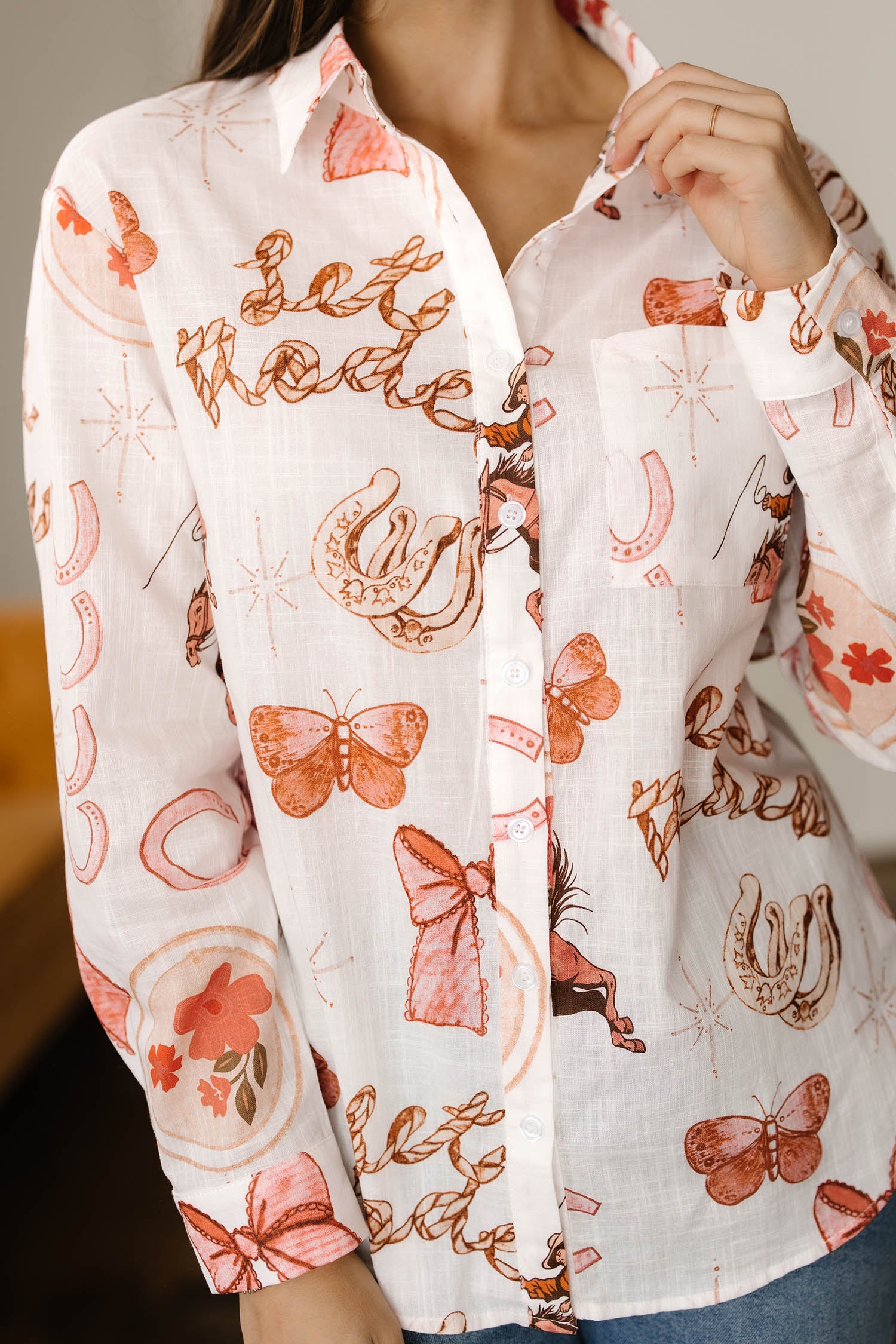 White Rodeo Cowgirl Print Button Up Shirt