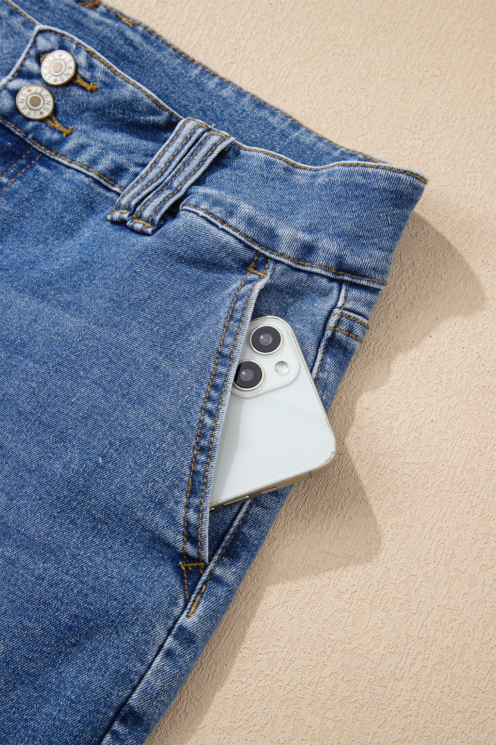 Double Button Zip Fly Straight Leg Jeans