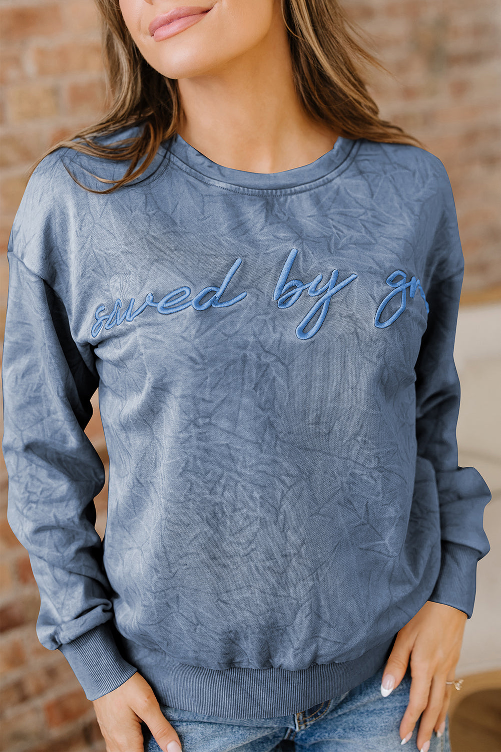 Saved By Grace Embroidered Mineral Wash Sweatshirt