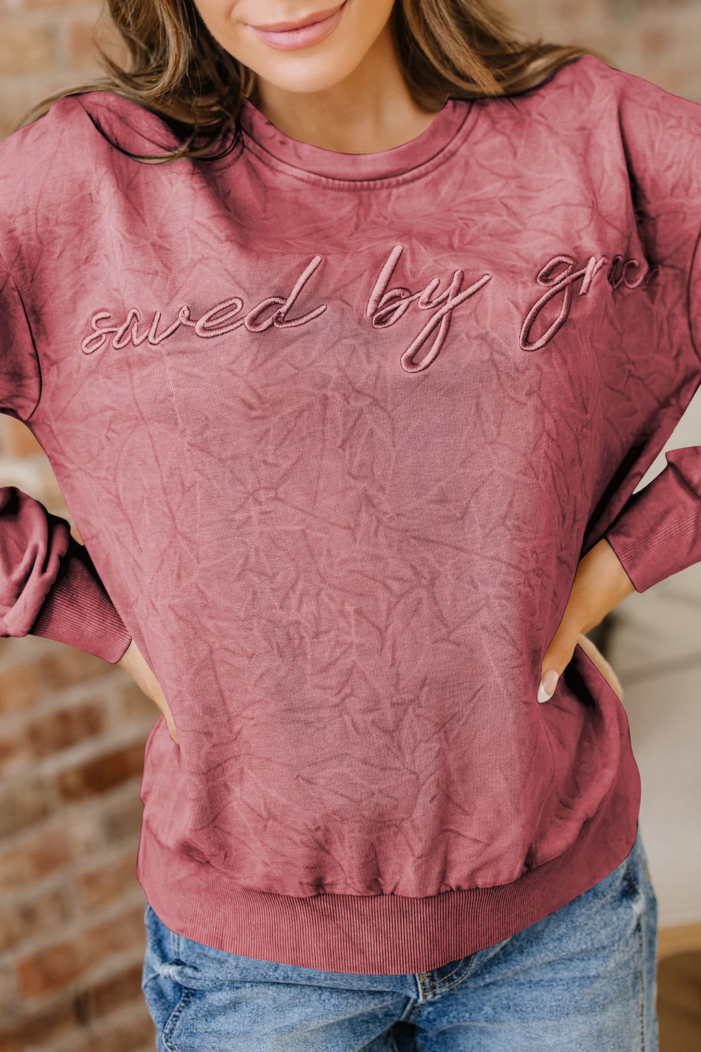 Saved By Grace Embroidered Mineral Wash Sweatshirt