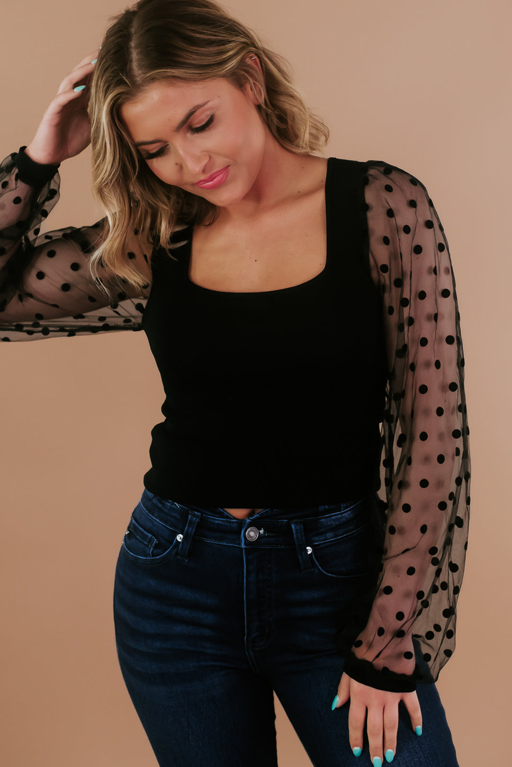 Polka Dot Mesh Long Sleeve Top