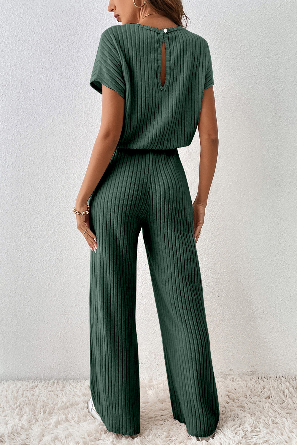 Ribbed Keyhole Short Sleeve Jumpsuit