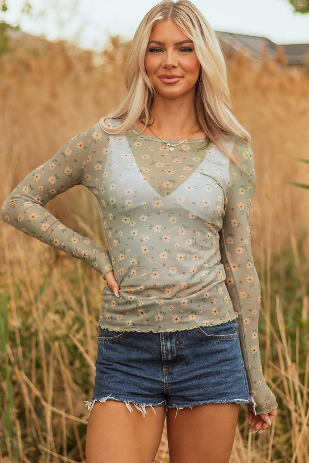 Laurel Green Vintage Floral Print Mesh Long Sleeve Top