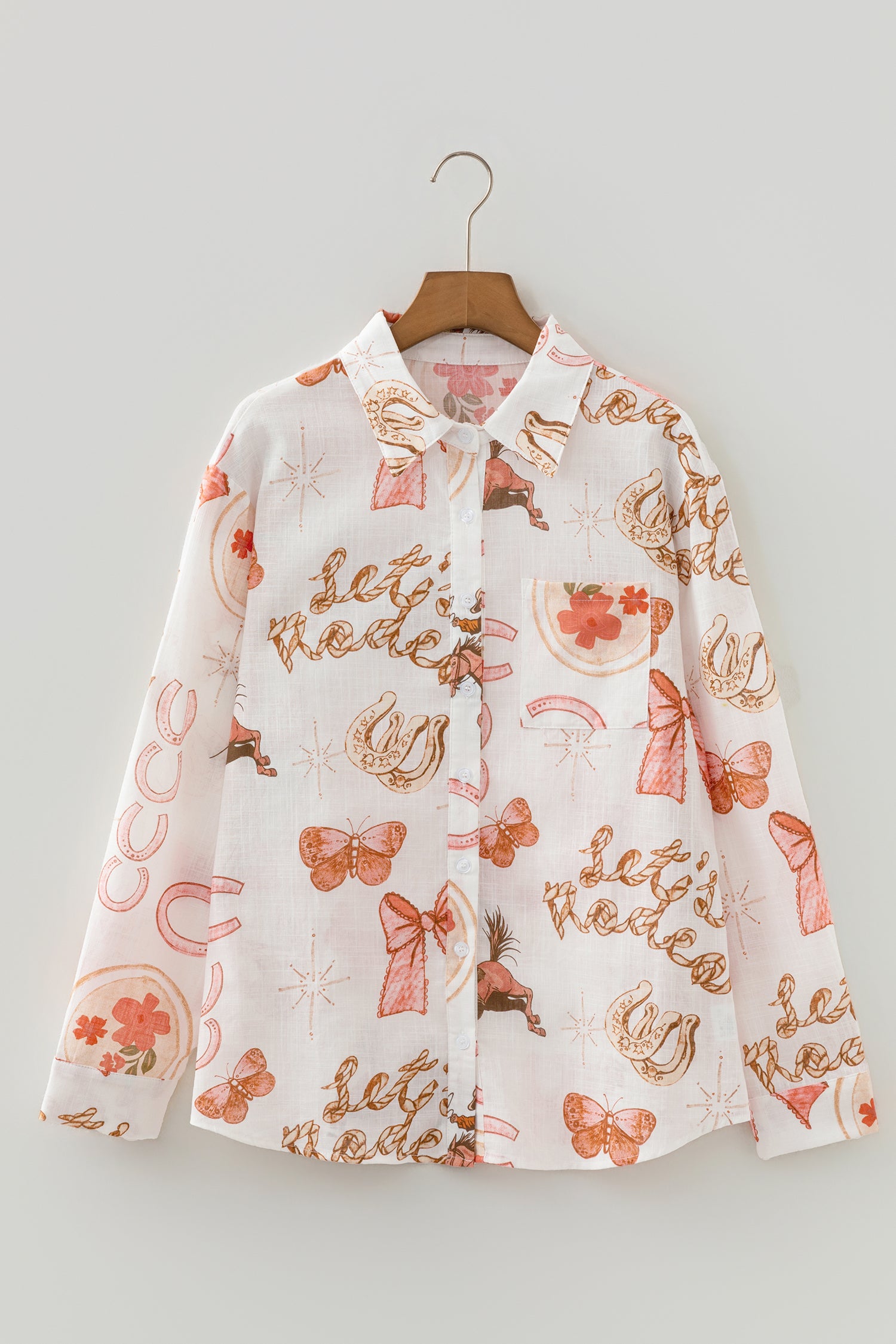 White Rodeo Cowgirl Print Button Up Shirt
