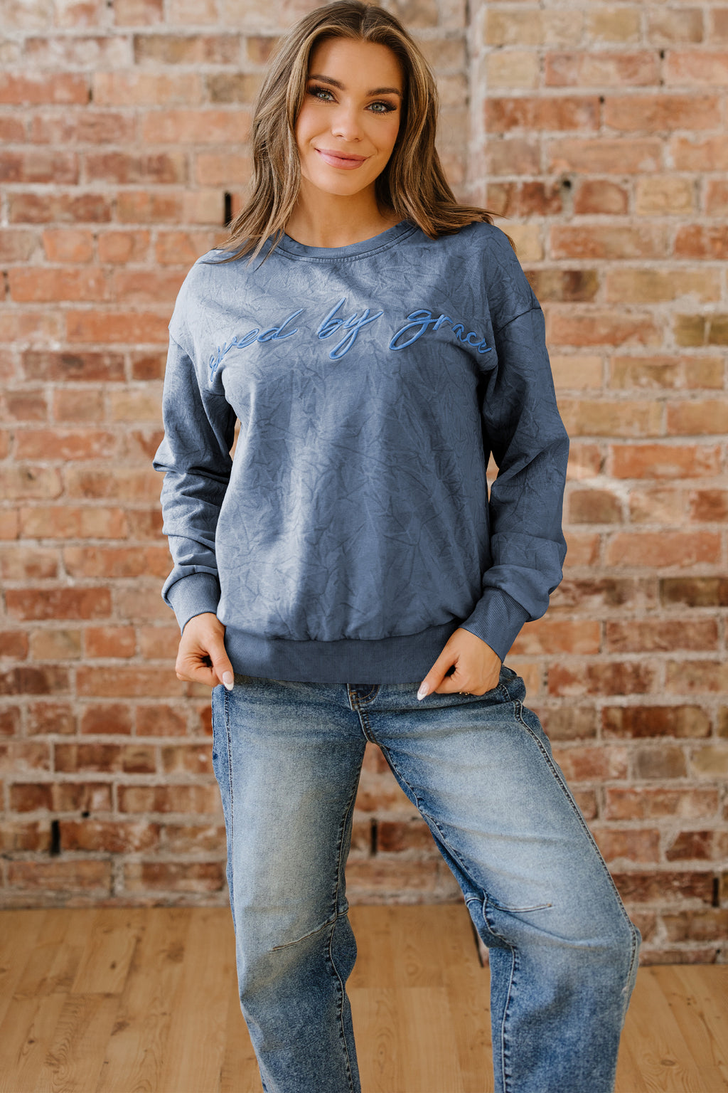 Saved By Grace Embroidered Mineral Wash Sweatshirt