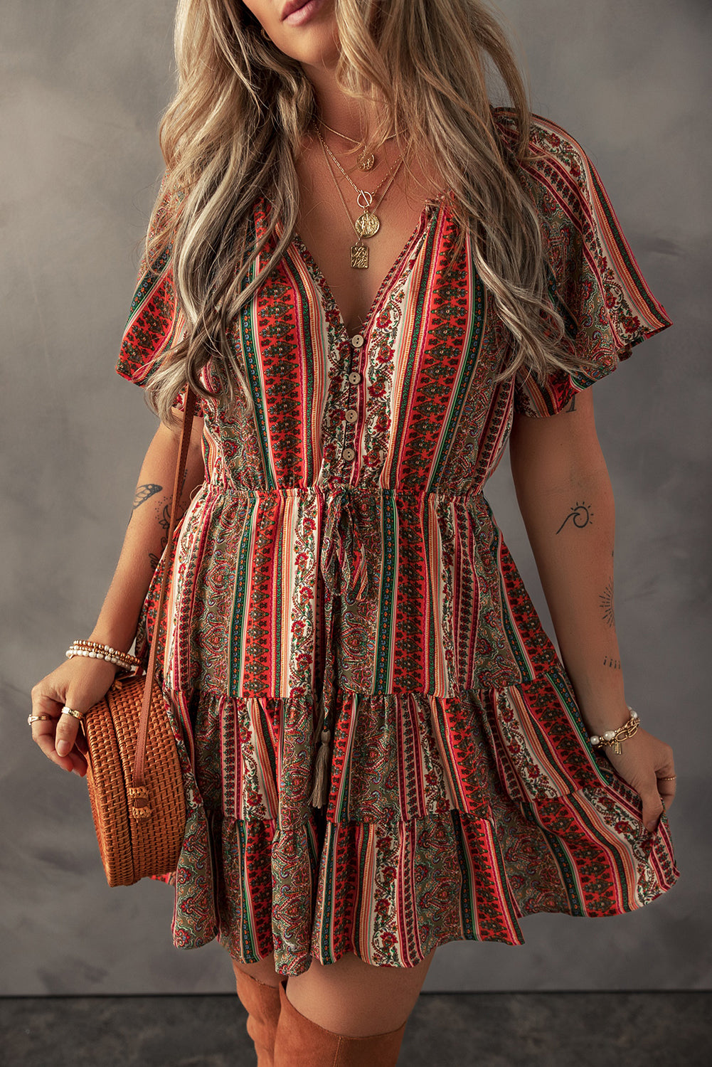 Bohemian Floral Print V Neck Dress