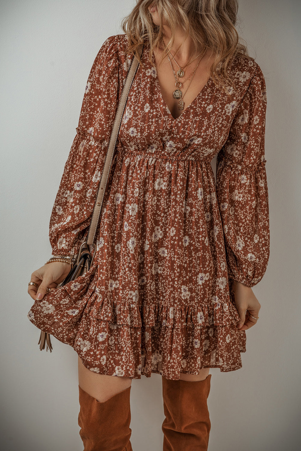 Boho Floral Ruffled V Neck Mini Dress