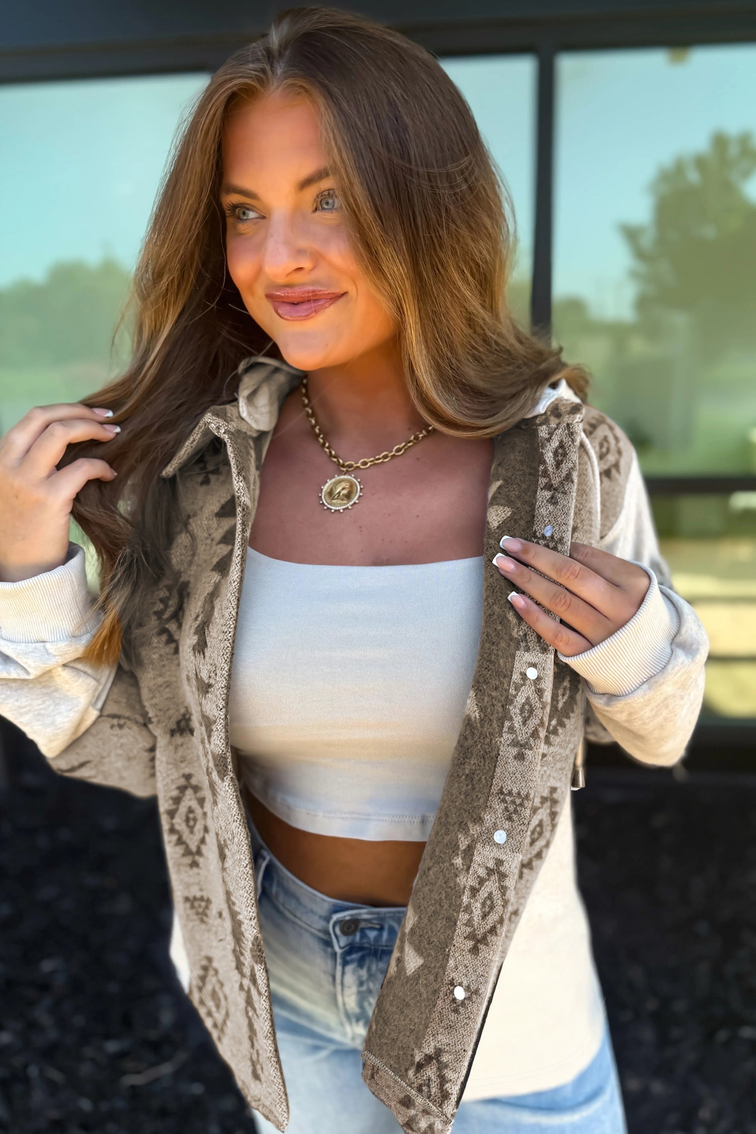 Aztec Print Patchwork Hooded Shacket