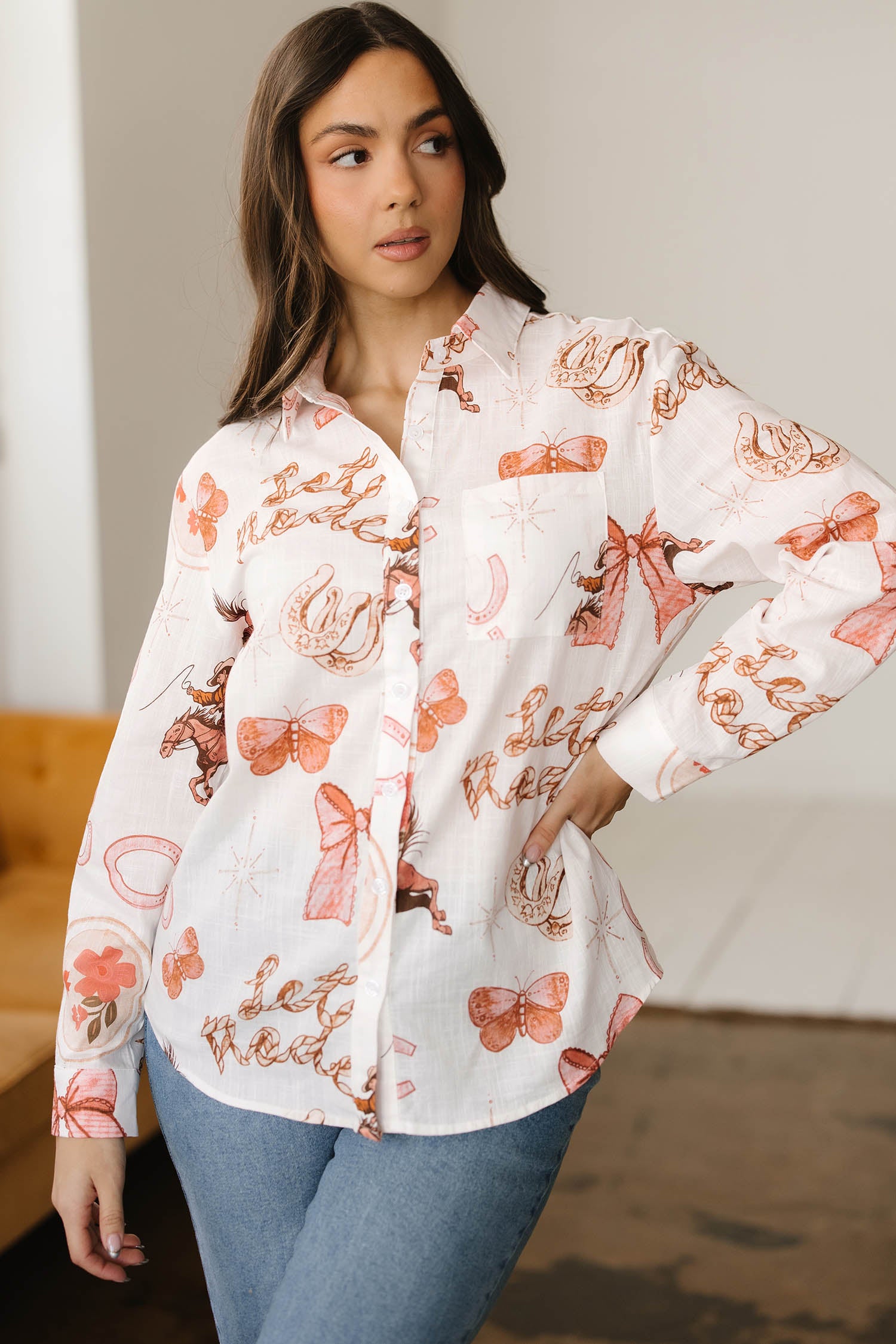 White Rodeo Cowgirl Print Button Up Shirt