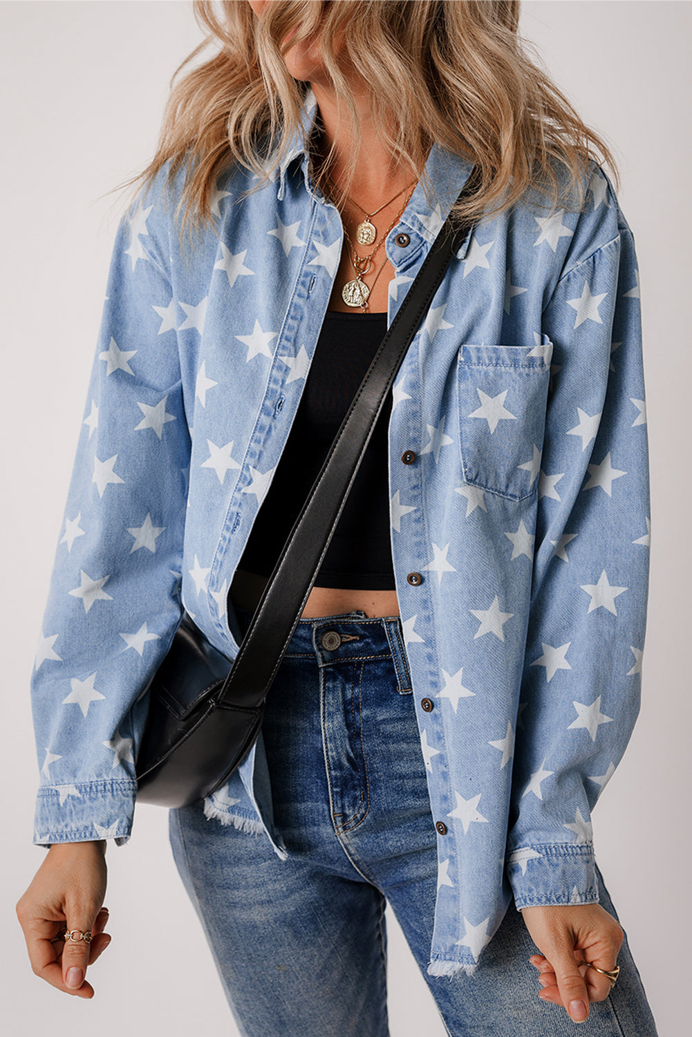 Blue Star Print Light Wash Raw Hem Denim Jacket